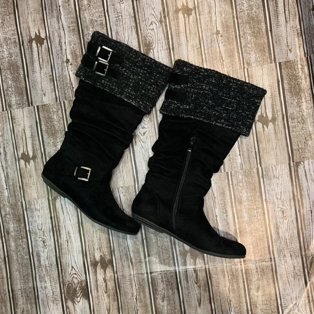 Corrinna Black Suede Buckle Boots with Sweater Cuff